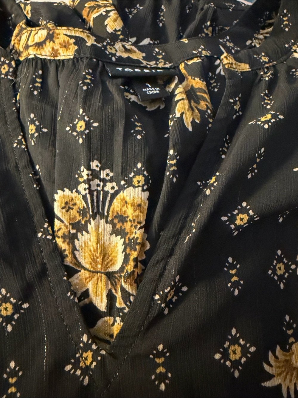 torrid Black V-Neck Blouse with Yellow Floral Print